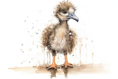 Watercolor Illustration Of A Fluffy Baby Ostrich