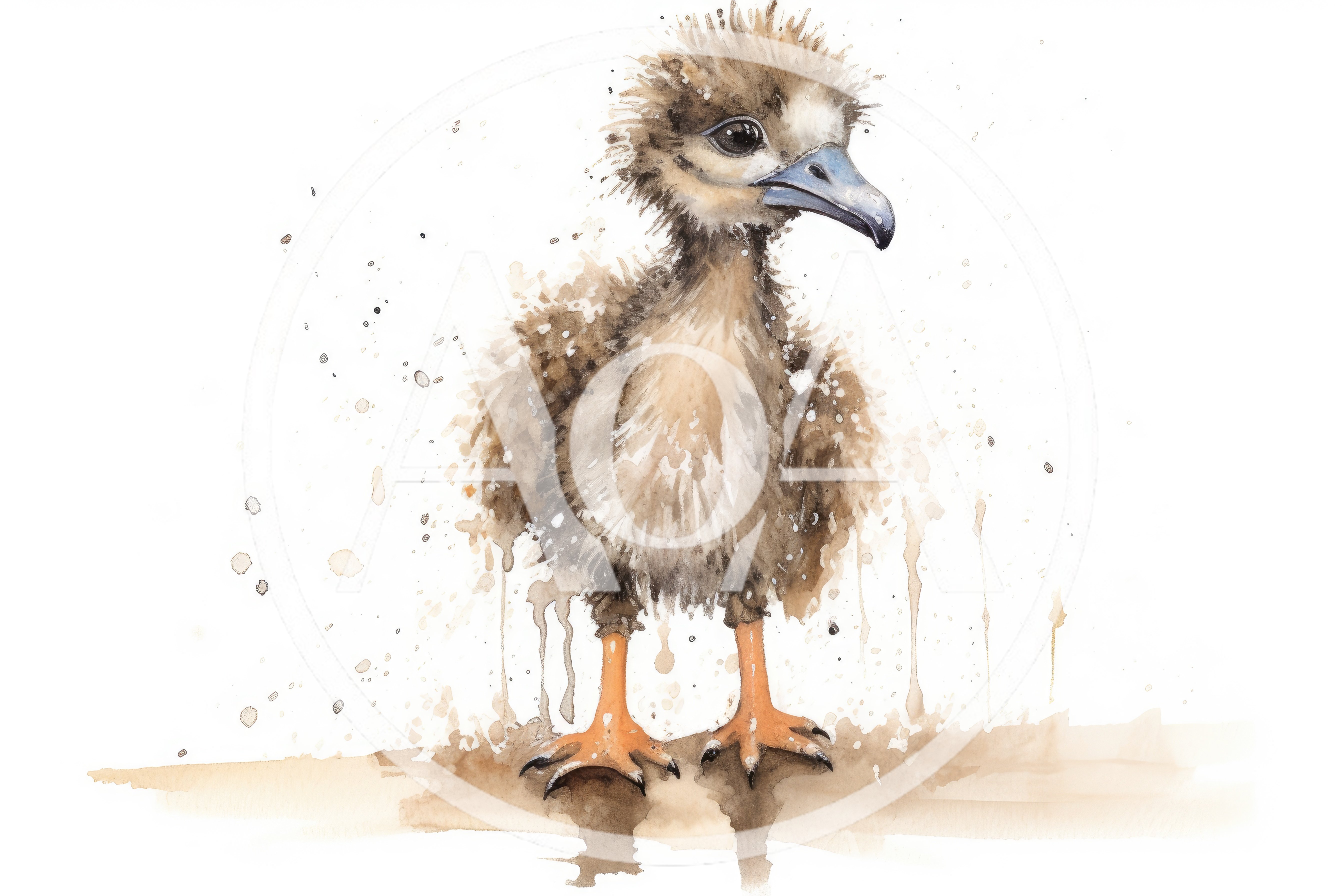 Watercolor Illustration Of A Fluffy Baby Ostrich