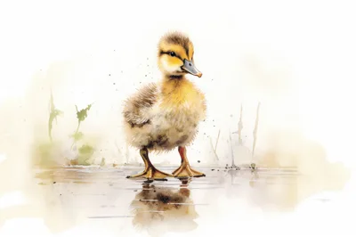 Watercolor Illustration Of A Fluffy Duckling Standing In Water