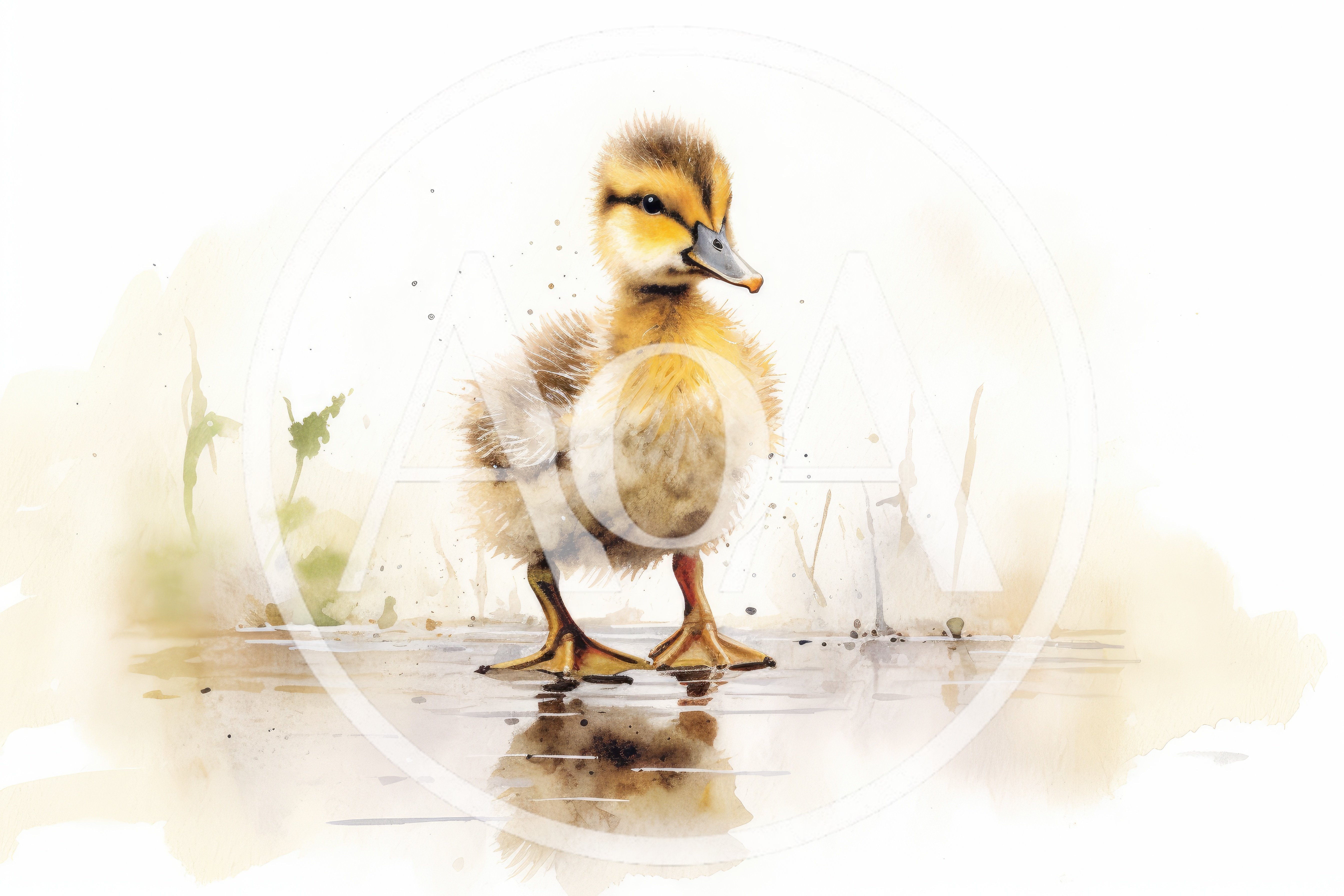 Watercolor Illustration Of A Fluffy Duckling Standing In Water