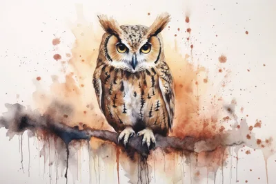 Watercolor Illustration Of A Great Horned Owl