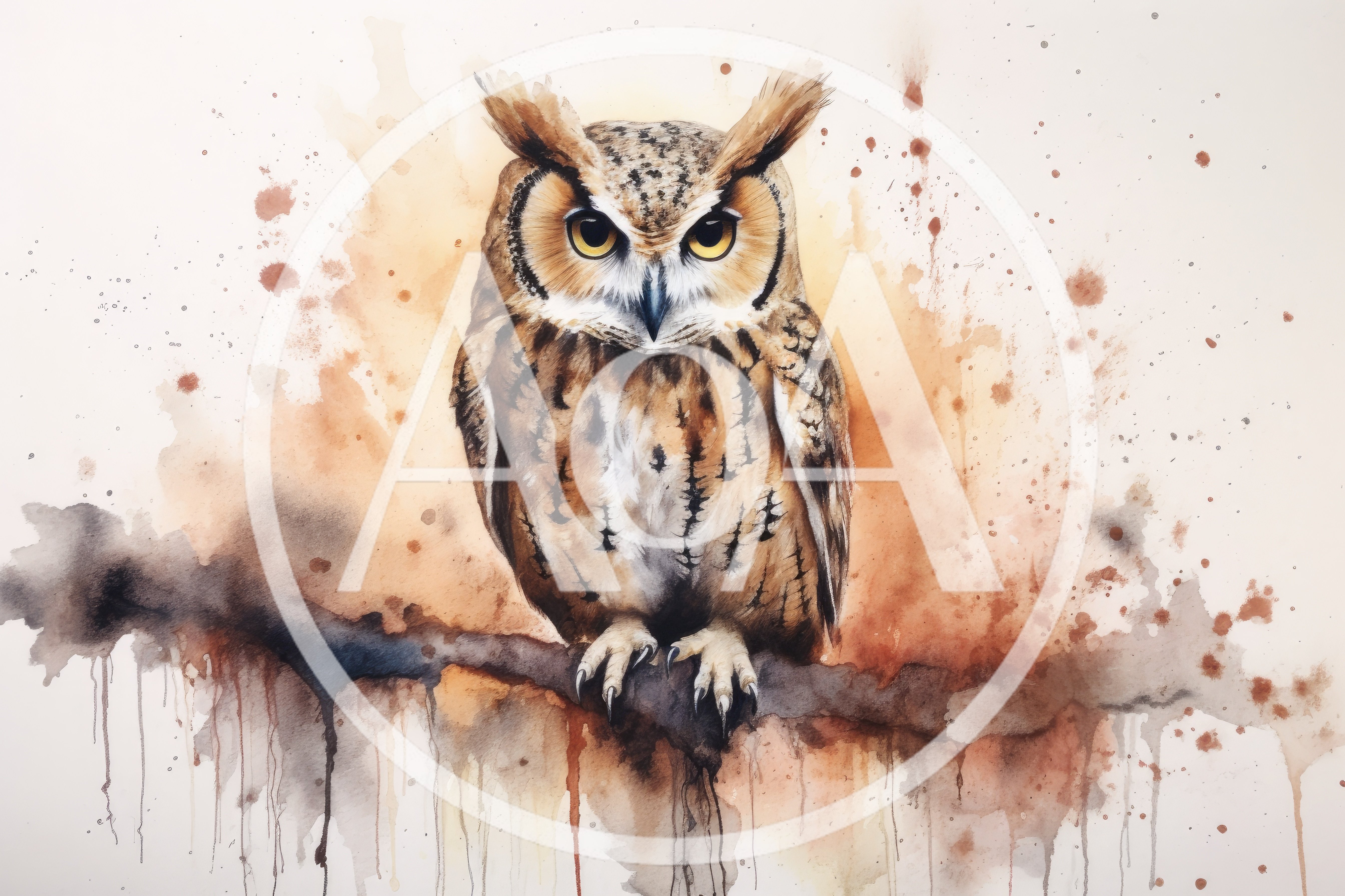 Watercolor Illustration Of A Great Horned Owl