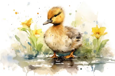 Watercolor Illustration Of A Fluffy Duckling In Flowers