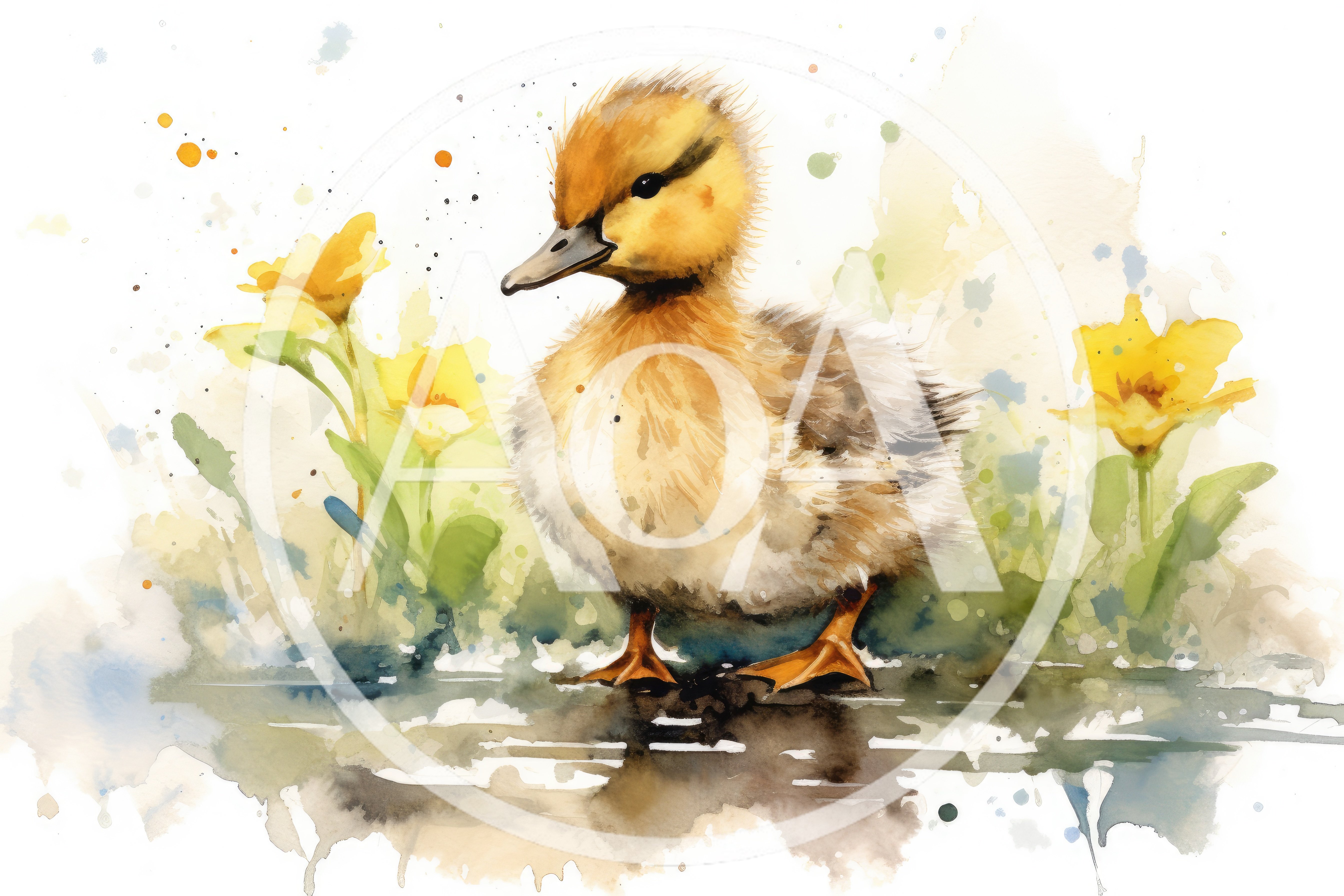 Watercolor Illustration Of A Fluffy Duckling In Flowers