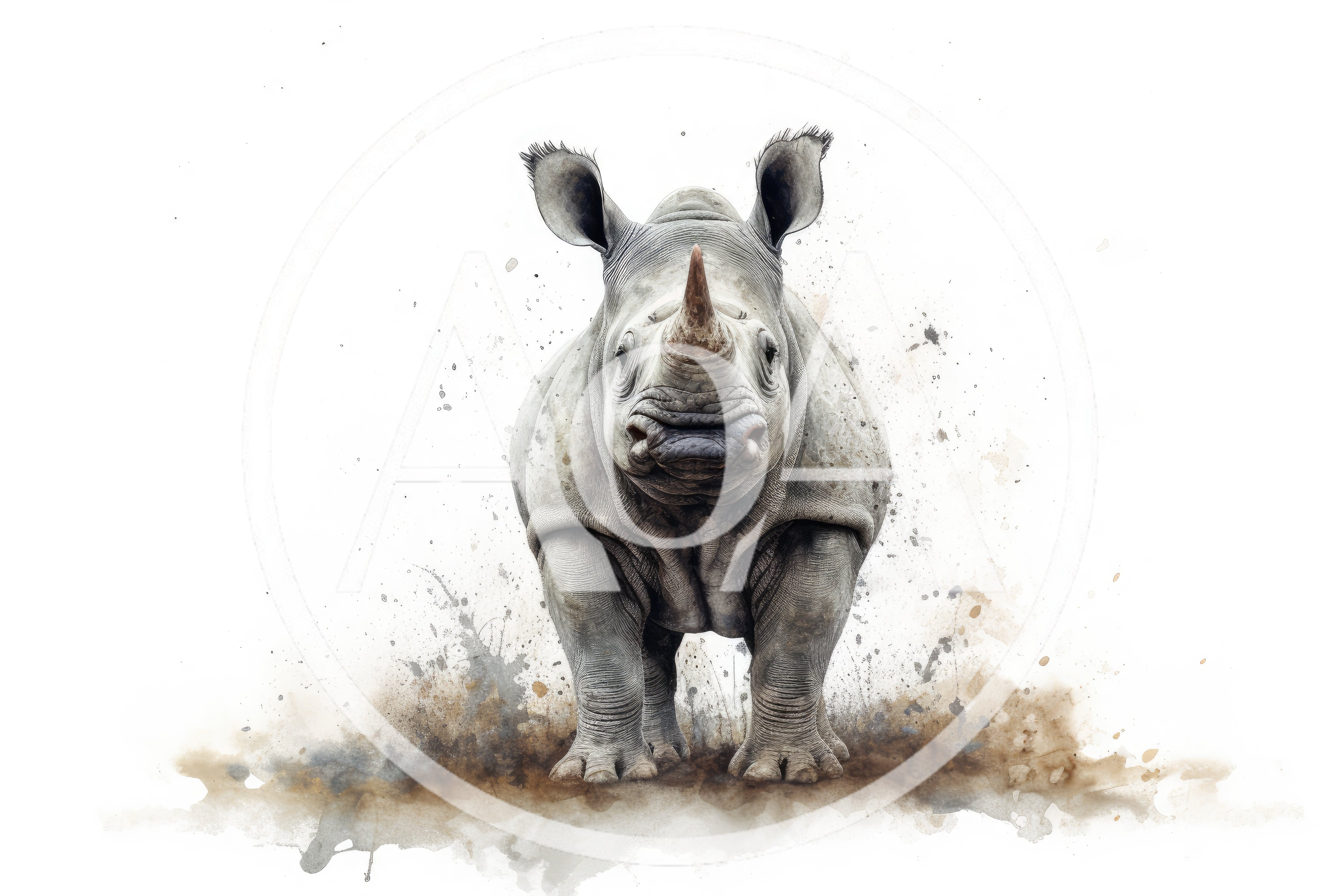 Watercolor Illustration Of A Standing Rhinoceros