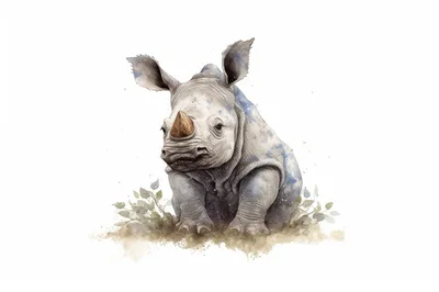 Watercolor Illustration Of A Baby Rhinoceros