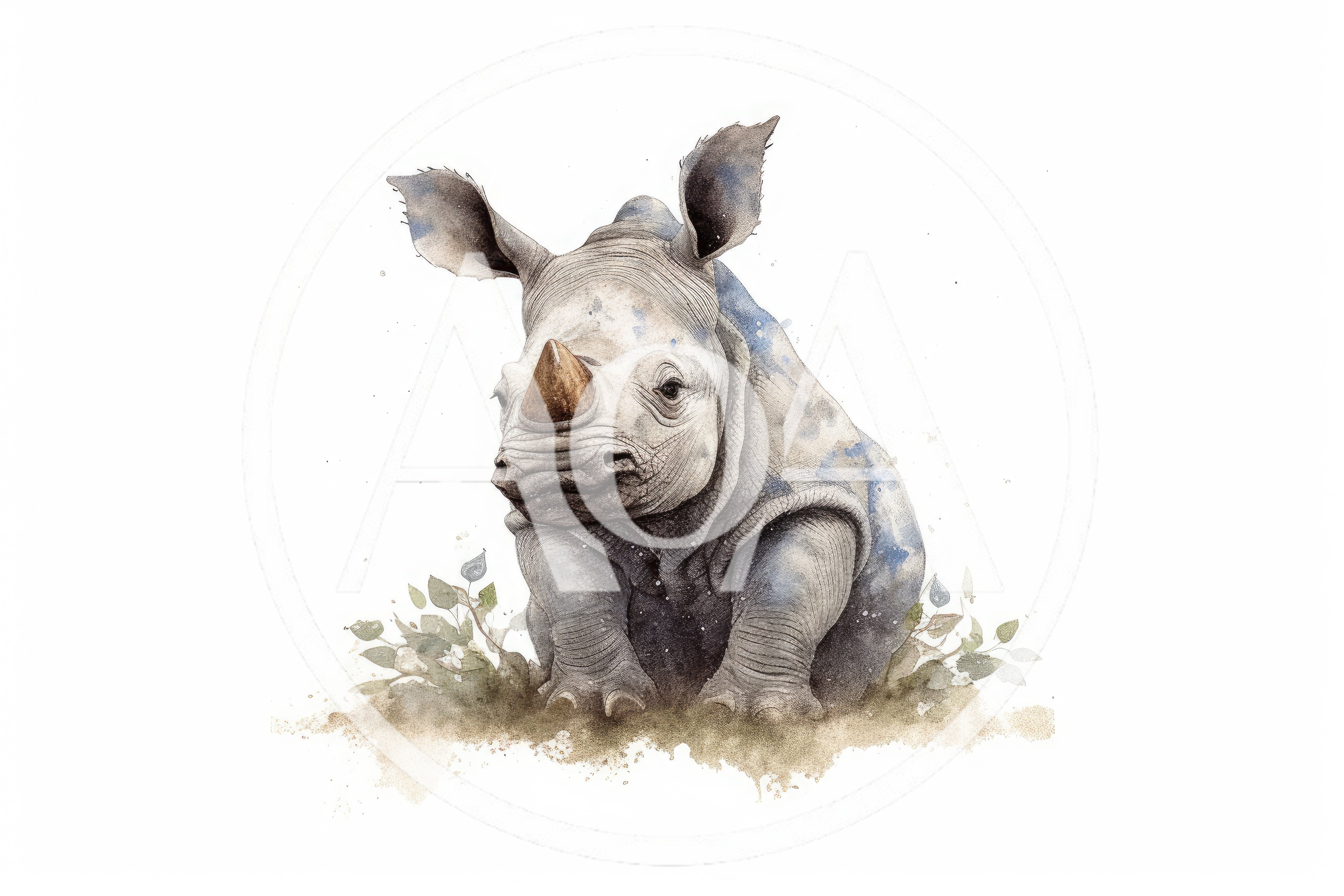 Watercolor Illustration Of A Baby Rhinoceros