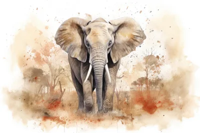 Watercolor Illustration Of An African Elephant In Savannah
