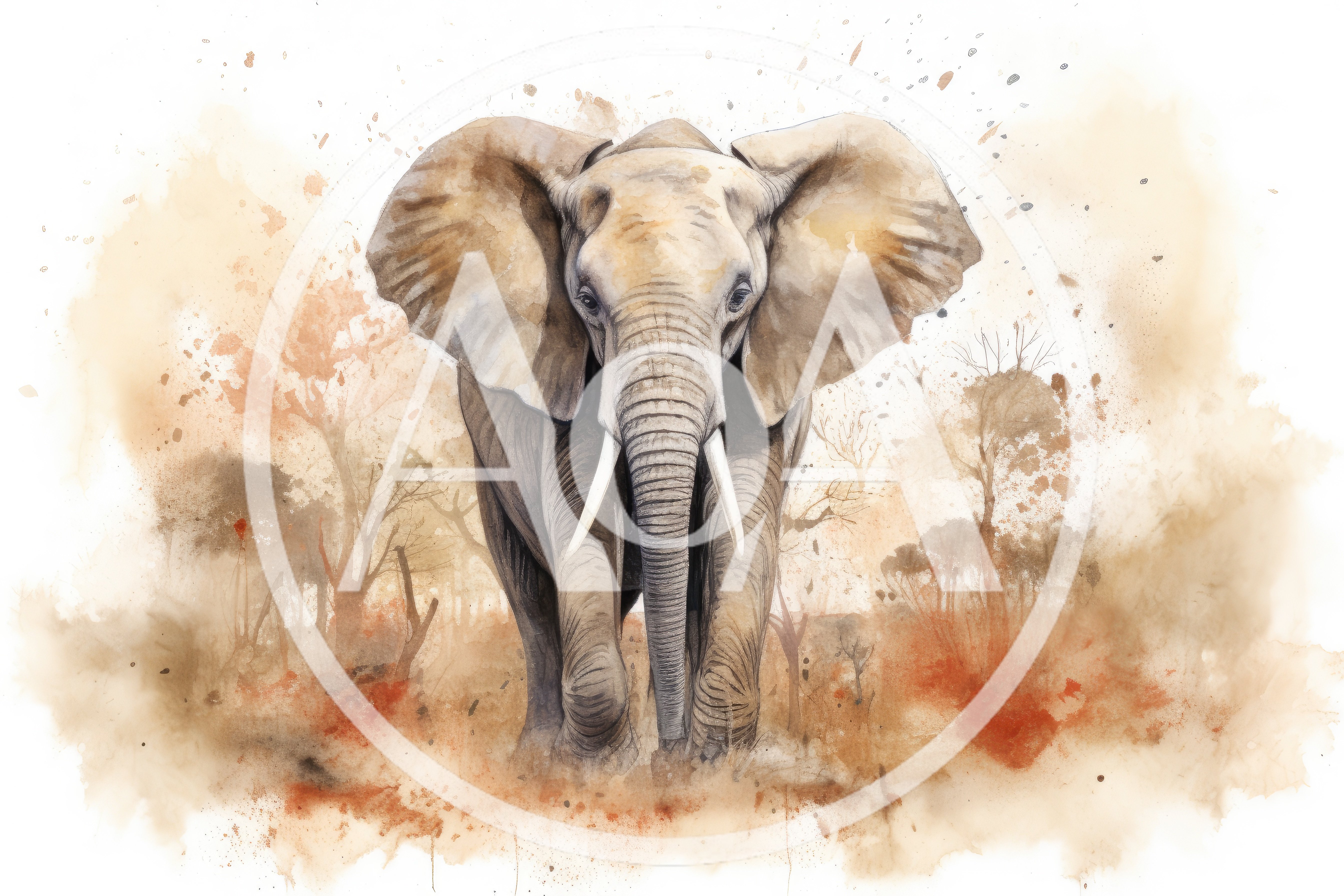 Watercolor Illustration Of An African Elephant In Savannah