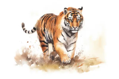 Watercolor Illustration Of A Walking Tiger