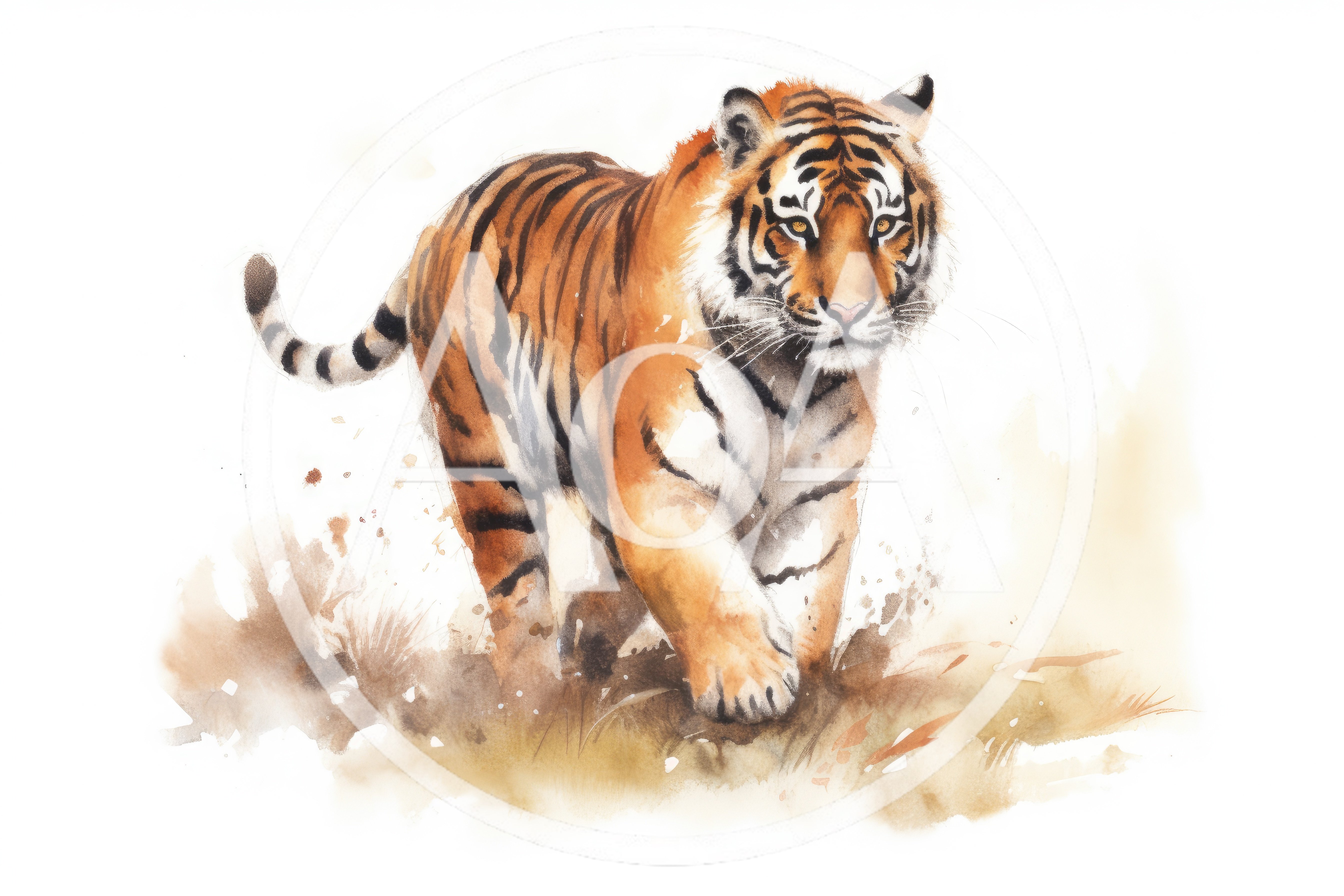 Watercolor Illustration Of A Walking Tiger