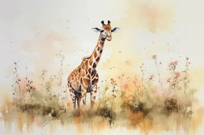 Watercolor Painting Of A Giraffe In A Meadow