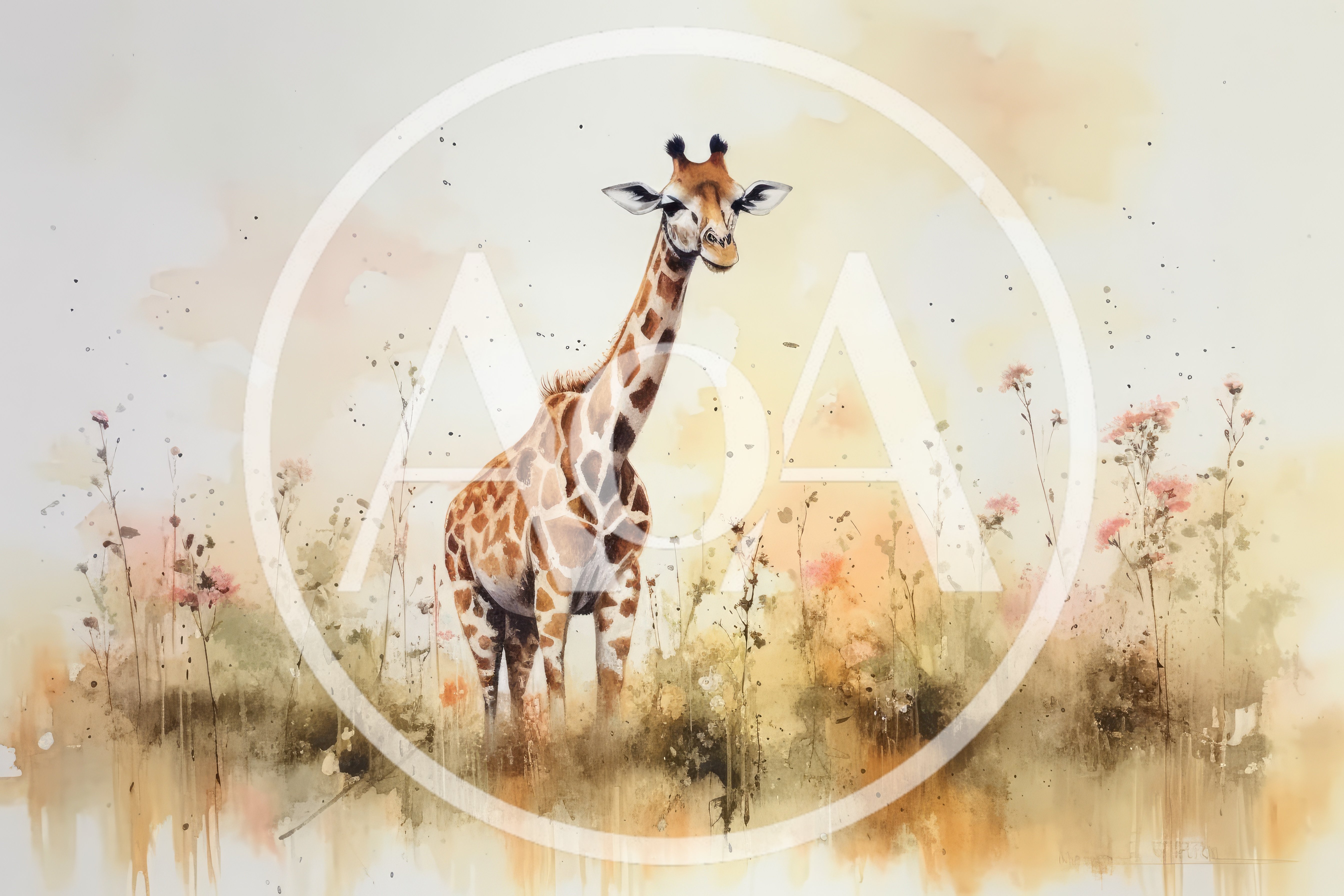 Watercolor Painting Of A Giraffe In A Meadow