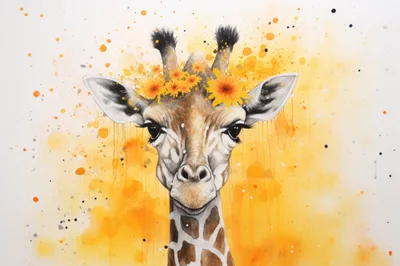 Watercolor Illustration Of A Giraffe With Floral Crown