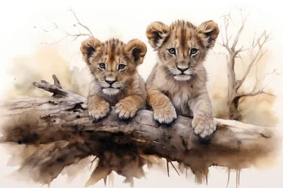 Two Lion Cubs Resting On A Fallen Tree Branch