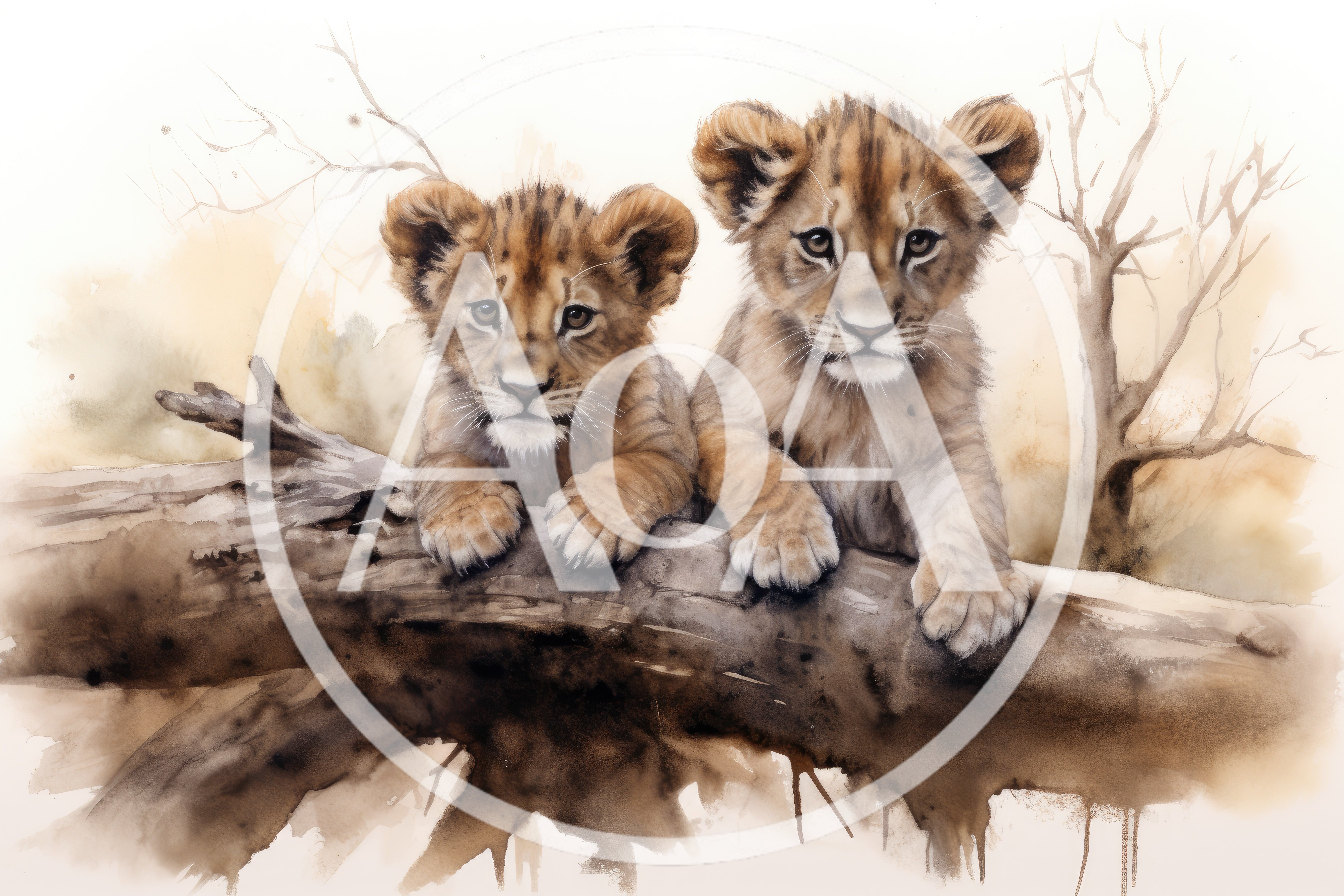 Two Lion Cubs Resting On A Fallen Tree Branch