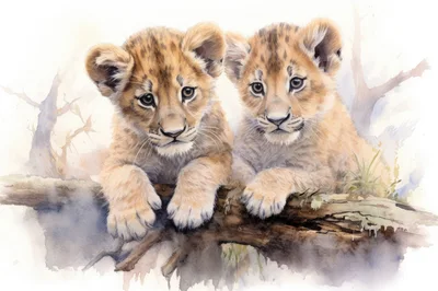 Two Adorable Lion Cubs Resting On A Tree Branch