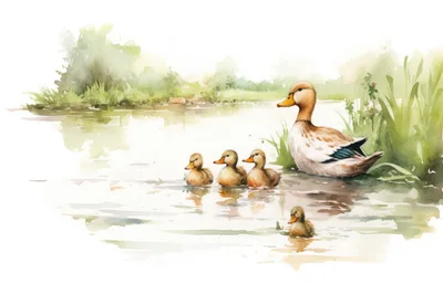 Watercolor Illustration Of A Mother Duck And Ducklings