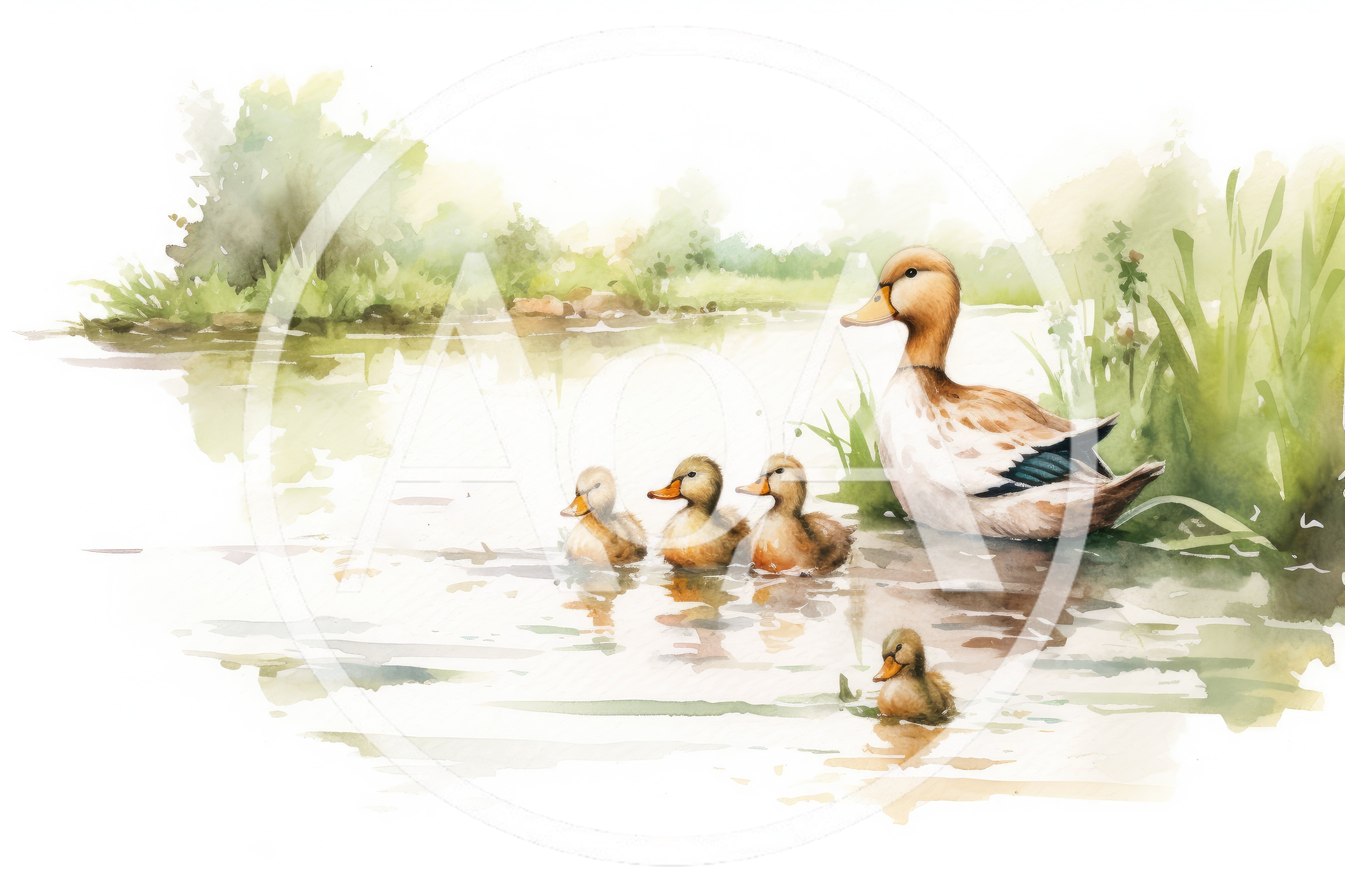 Watercolor Illustration Of A Mother Duck And Ducklings