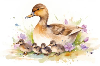 Watercolor Illustration Of A Mother Duck And Ducklings