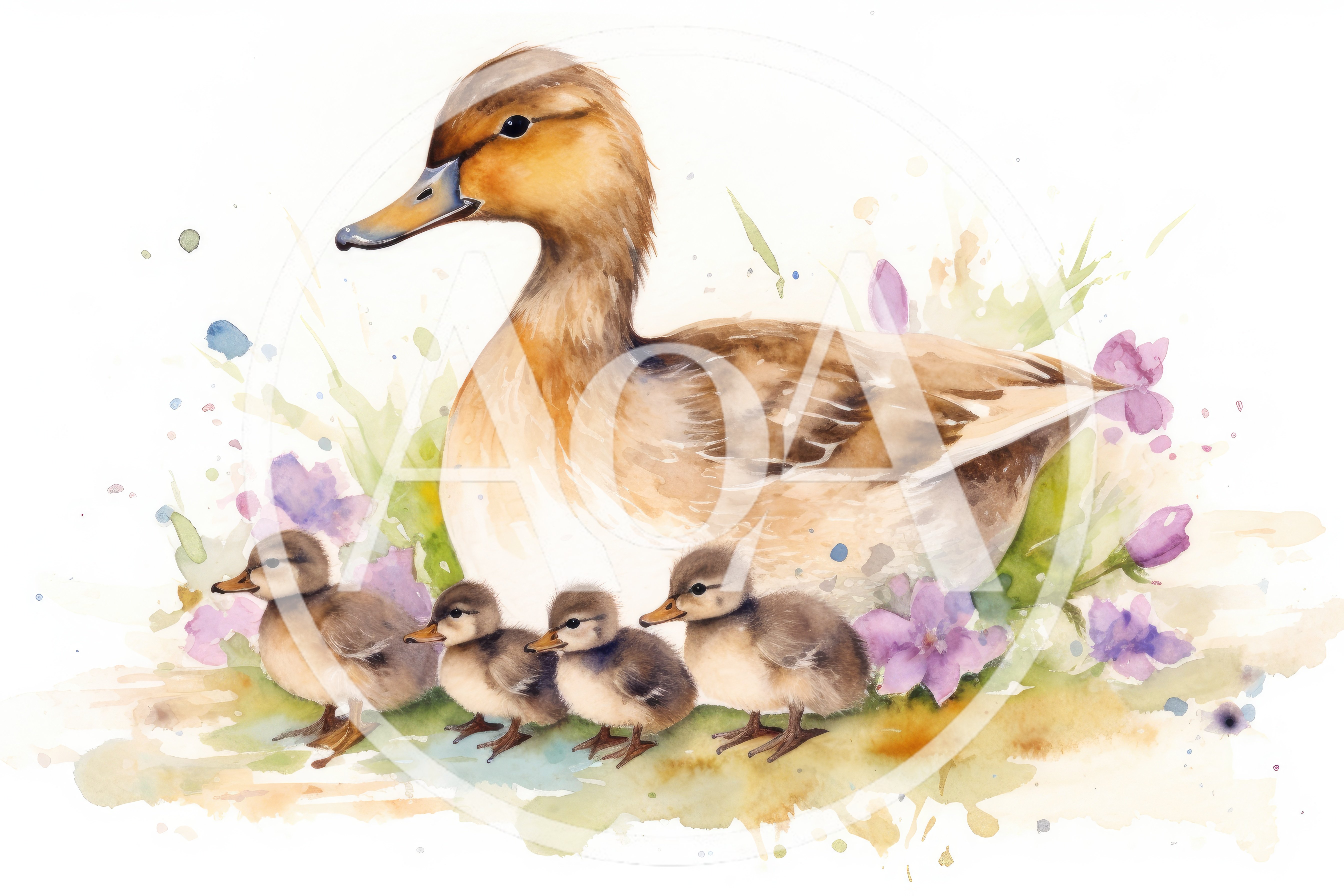 Watercolor Illustration Of A Mother Duck And Ducklings