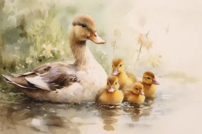 Watercolor Painting Of A Mother Duck And Ducklings