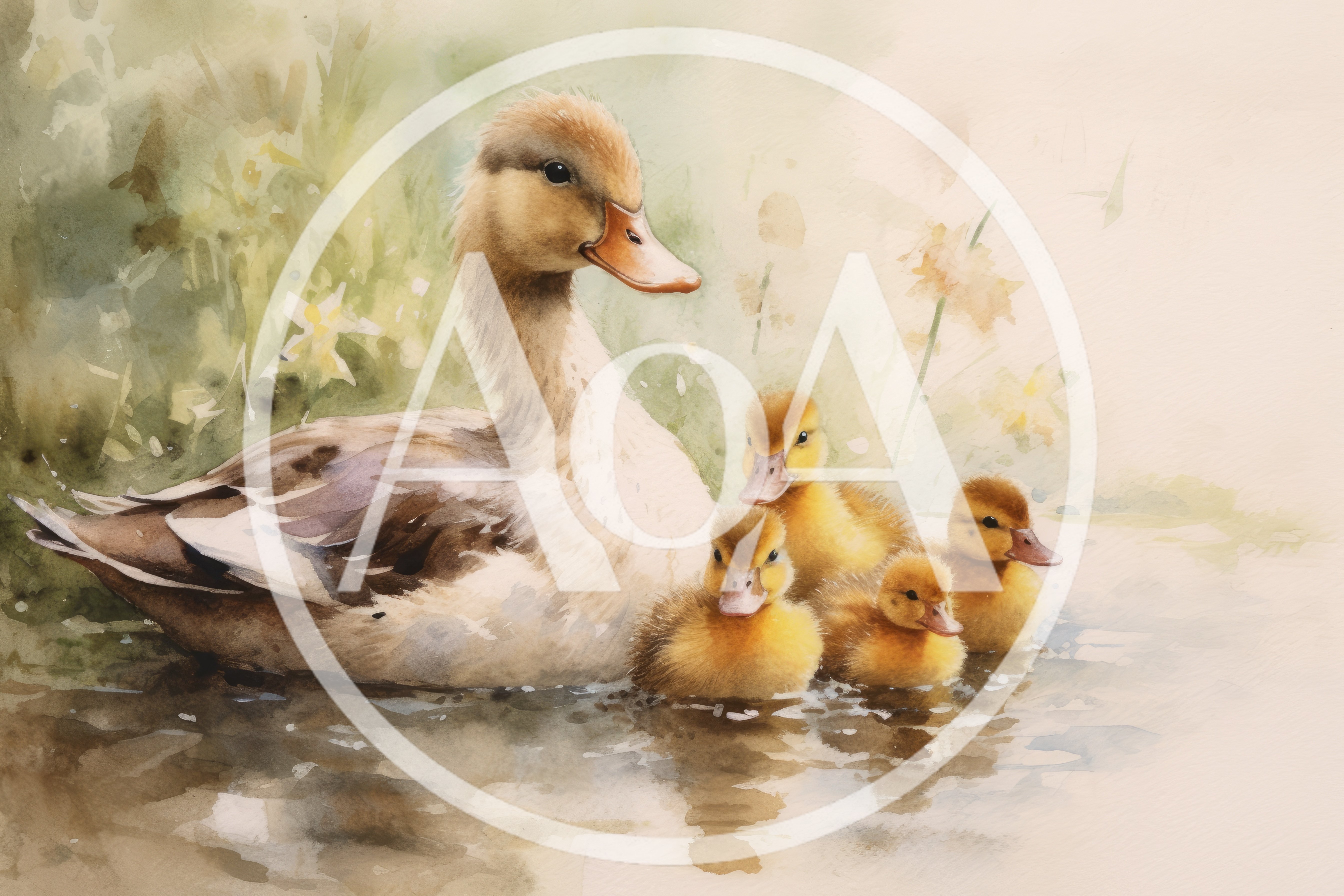 Watercolor Painting Of A Mother Duck And Ducklings