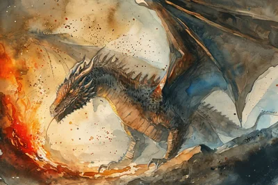 Watercolor Illustration Of A Ferocious Fire Breathing Dragon