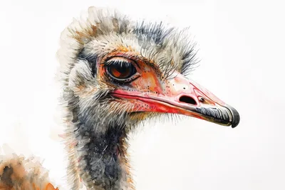 Watercolor Painting Of An Ostrich Head Portrait