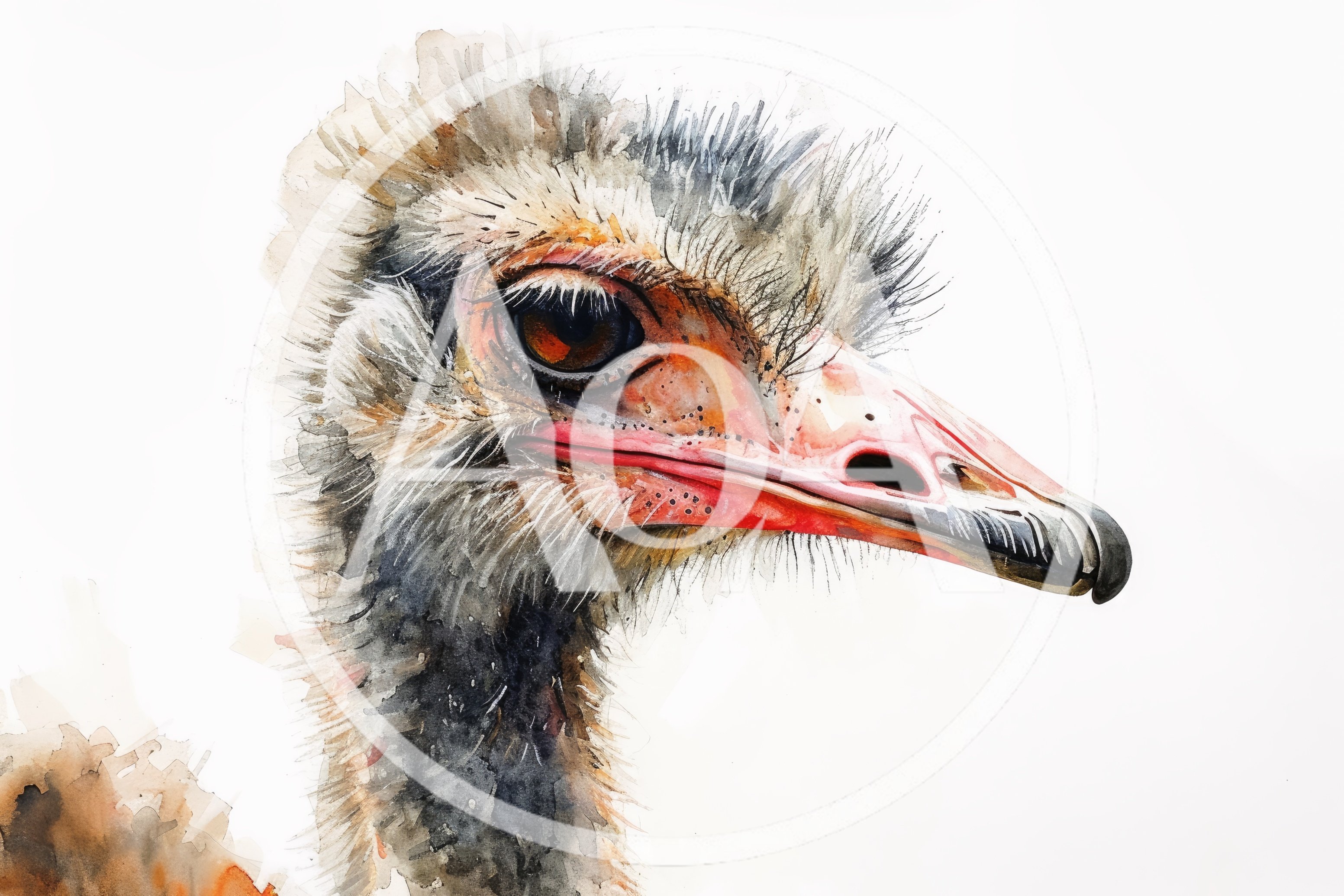 Watercolor Painting Of An Ostrich Head Portrait