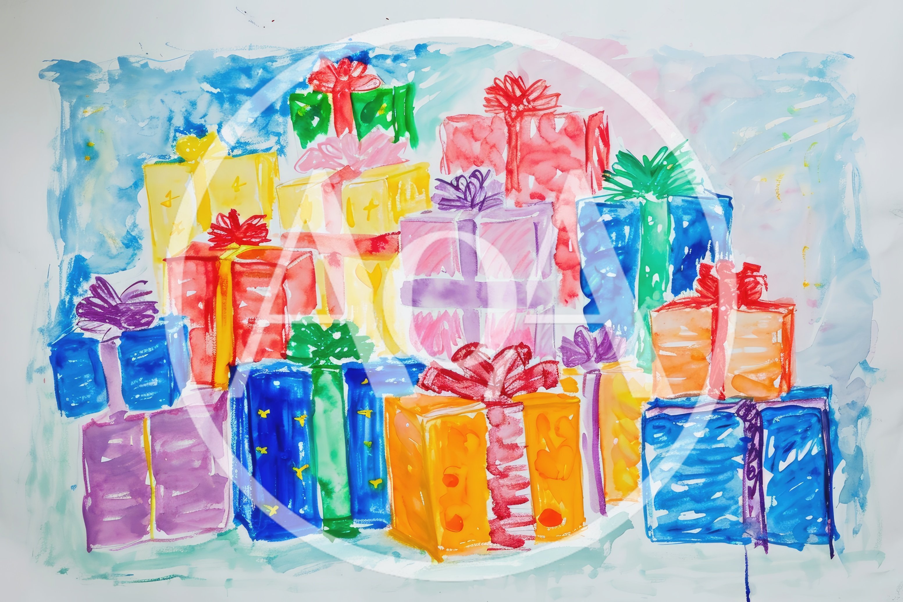 Watercolor Painting Of A Pile Of Colorful Gift Boxes