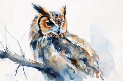 Watercolor Painting Of A Great Horned Owl