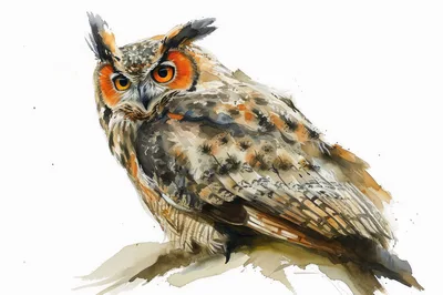 Watercolor Illustration Of A Great Horned Owl