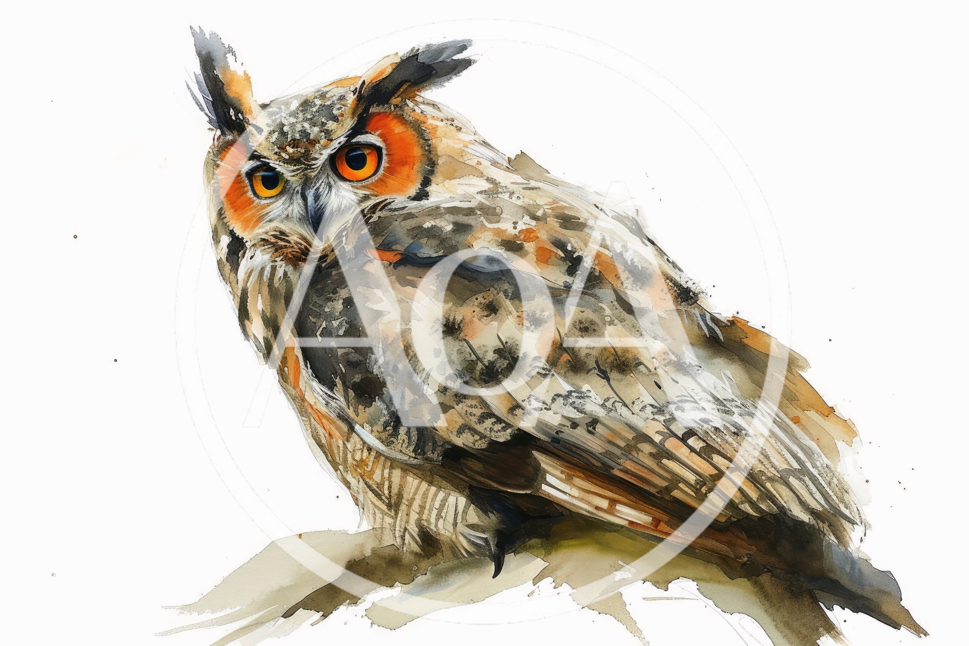 Watercolor Illustration Of A Great Horned Owl