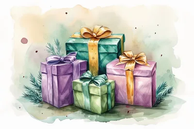 Watercolor Illustration Of Four Wrapped Christmas Gift Boxes