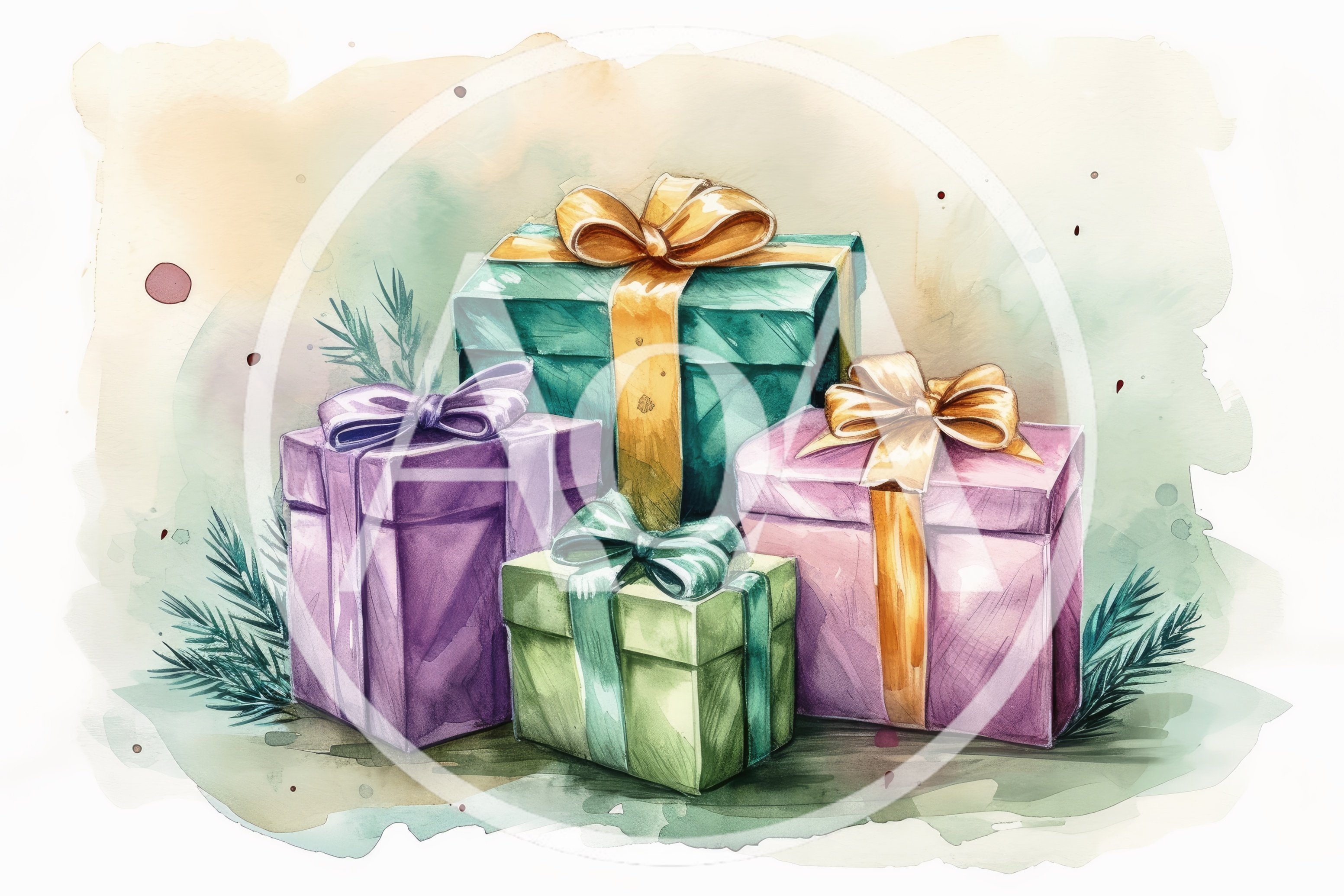 Watercolor Illustration Of Four Wrapped Christmas Gift Boxes