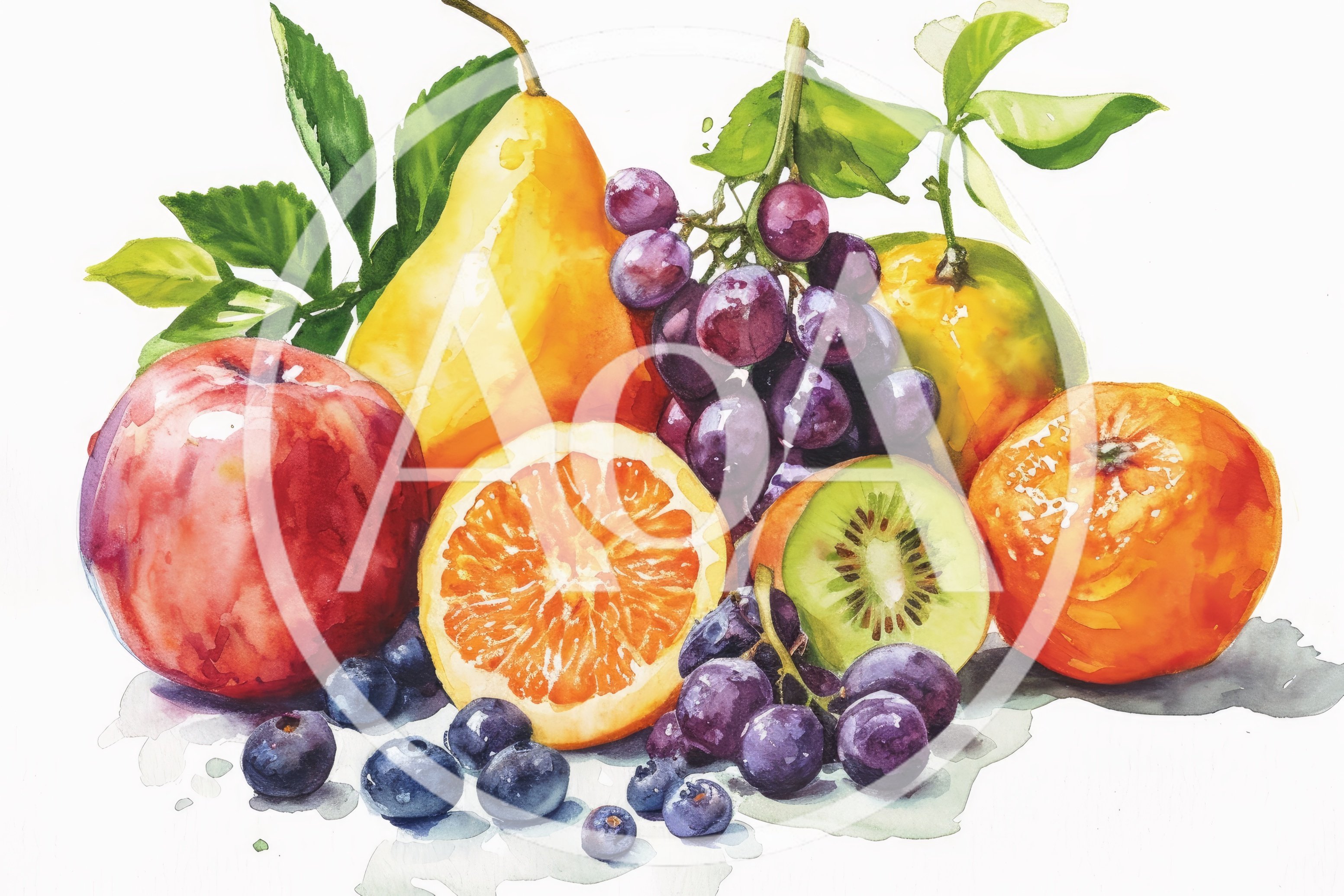 Watercolor Illustration Of Assorted Fresh Fruits