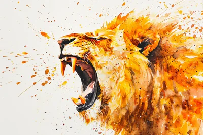 Watercolor Illustration Of A Roaring Lion Head