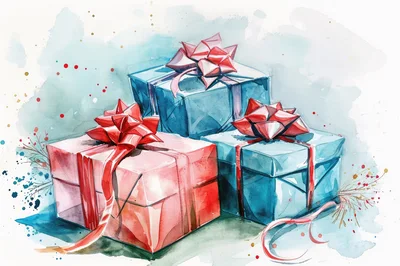 Watercolor Illustration Of Three Wrapped Gift Boxes