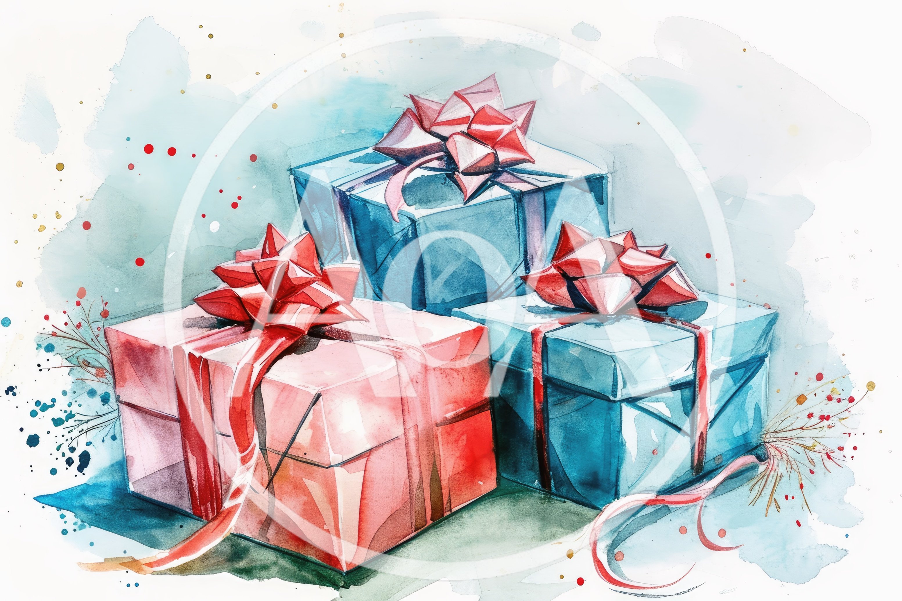 Watercolor Illustration Of Three Wrapped Gift Boxes