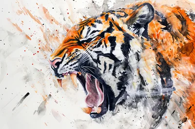 Watercolor Painting Of A Roaring Tiger Head