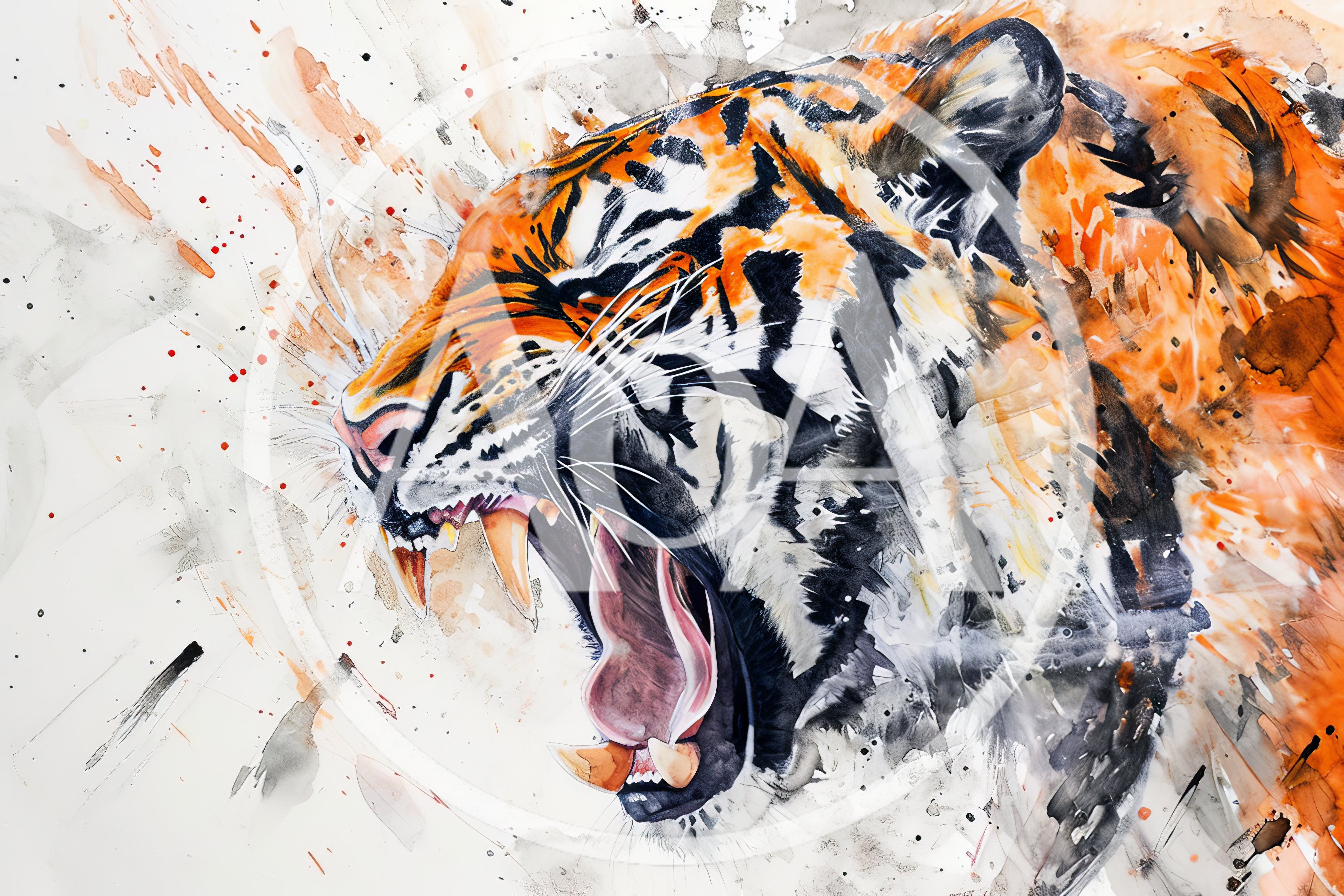 Watercolor Painting Of A Roaring Tiger Head