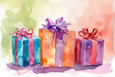 Watercolor Illustration Of Three Colorful Gift Boxes