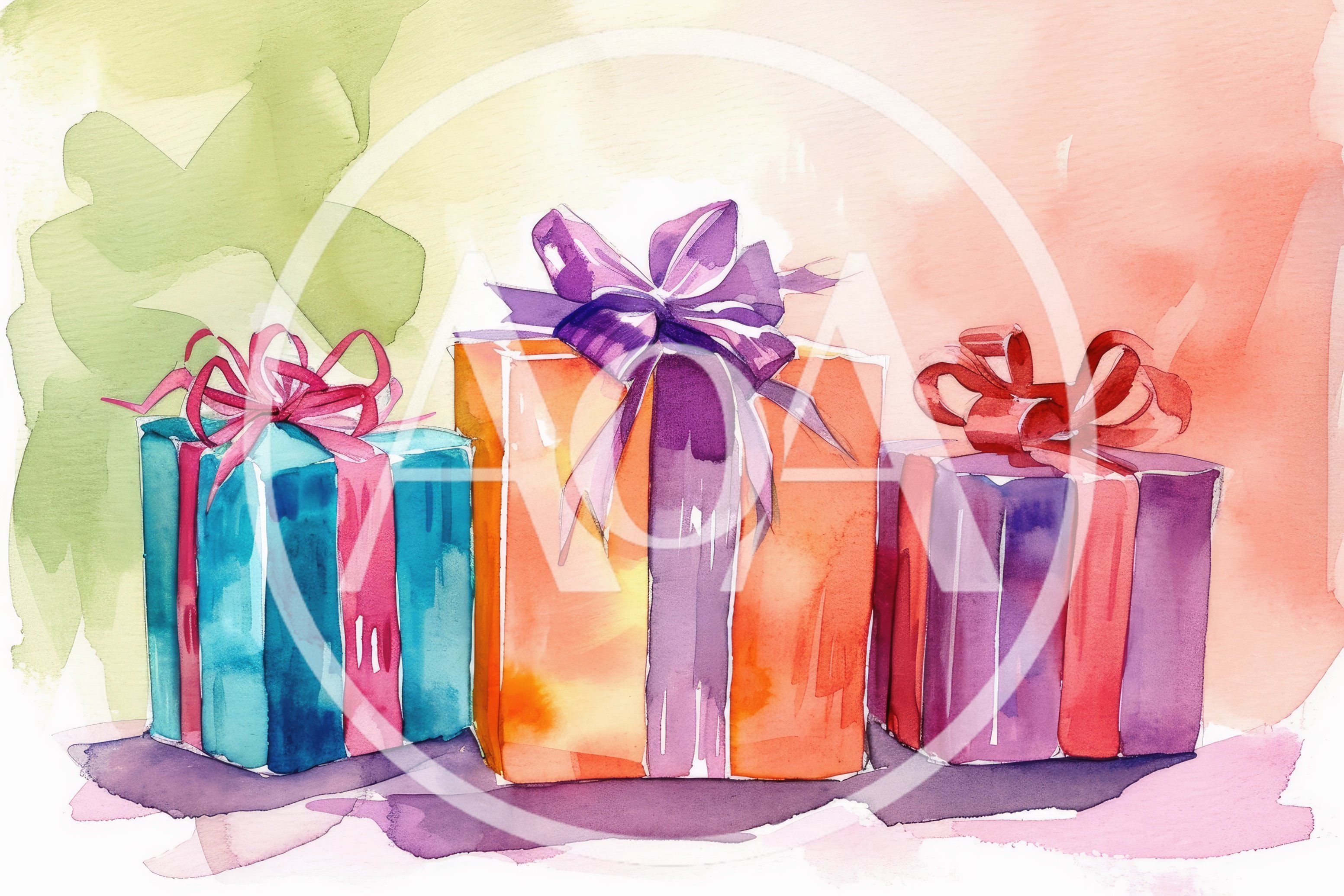 Watercolor Illustration Of Three Colorful Gift Boxes