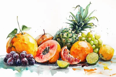 Watercolor Painting Of Assorted Tropical Fruits