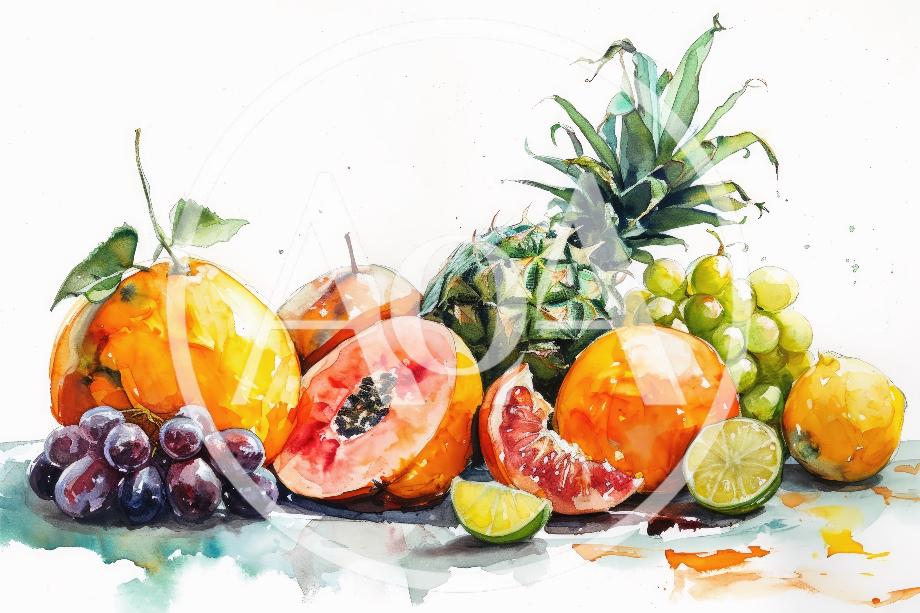 Watercolor Painting Of Assorted Tropical Fruits