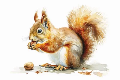 Watercolor Illustration Of A Squirrel Eating A Nut