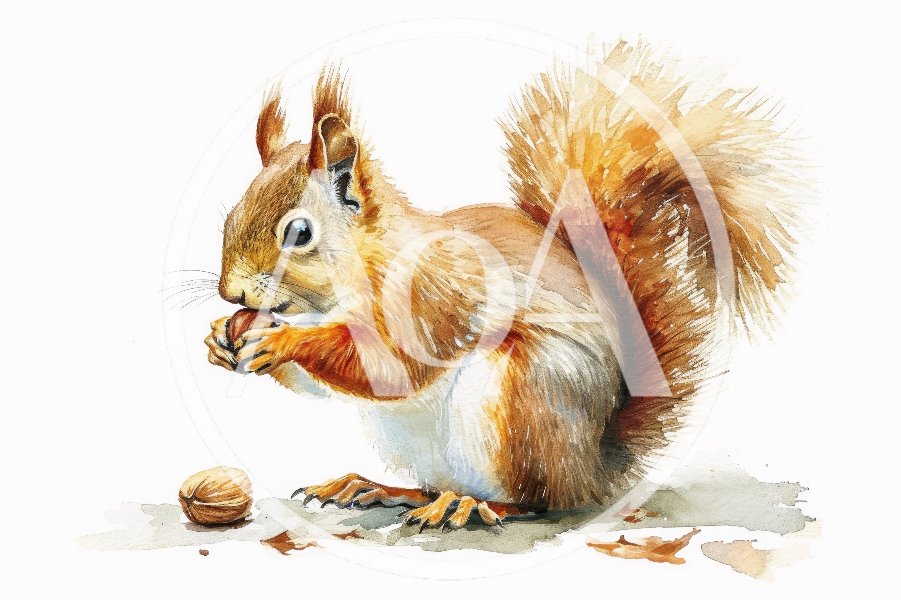 Watercolor Illustration Of A Squirrel Eating A Nut