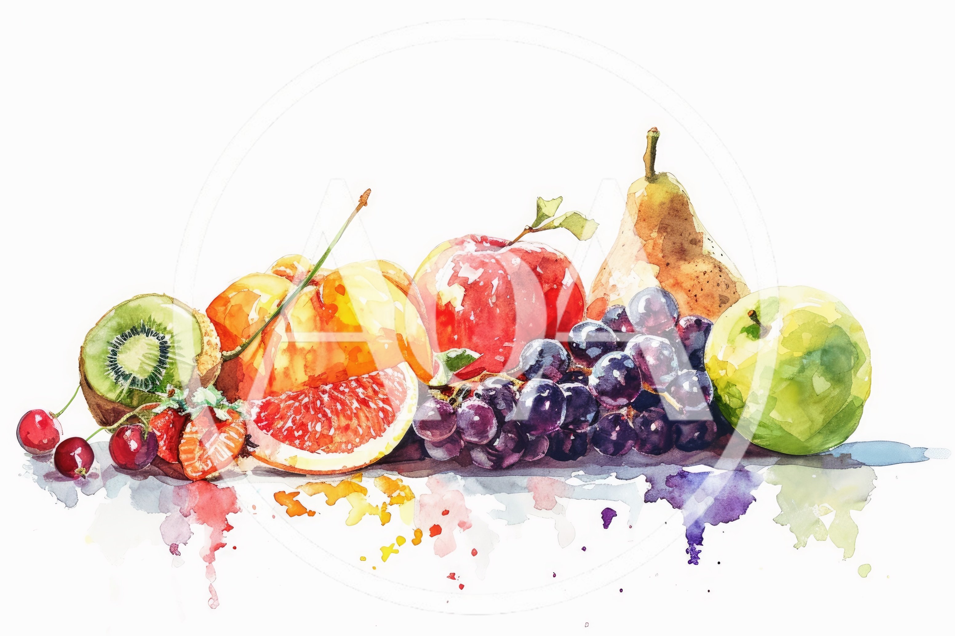 Watercolor Illustration Of Assorted Fresh Fruits