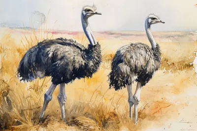 Watercolor Painting Of Two Ostriches In The Savanna